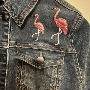 Crown & Ivey Denim Jacket W/ Pink Flamingo Emboridery & 2 Pockets - Size S